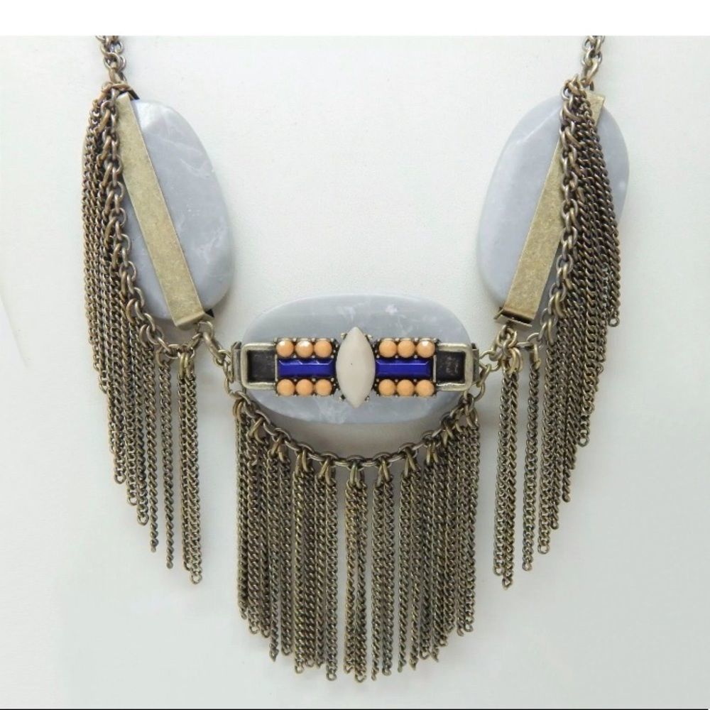 Vintage Semi Precious Stone And Antiqued Brass Tassel Boho Necklace